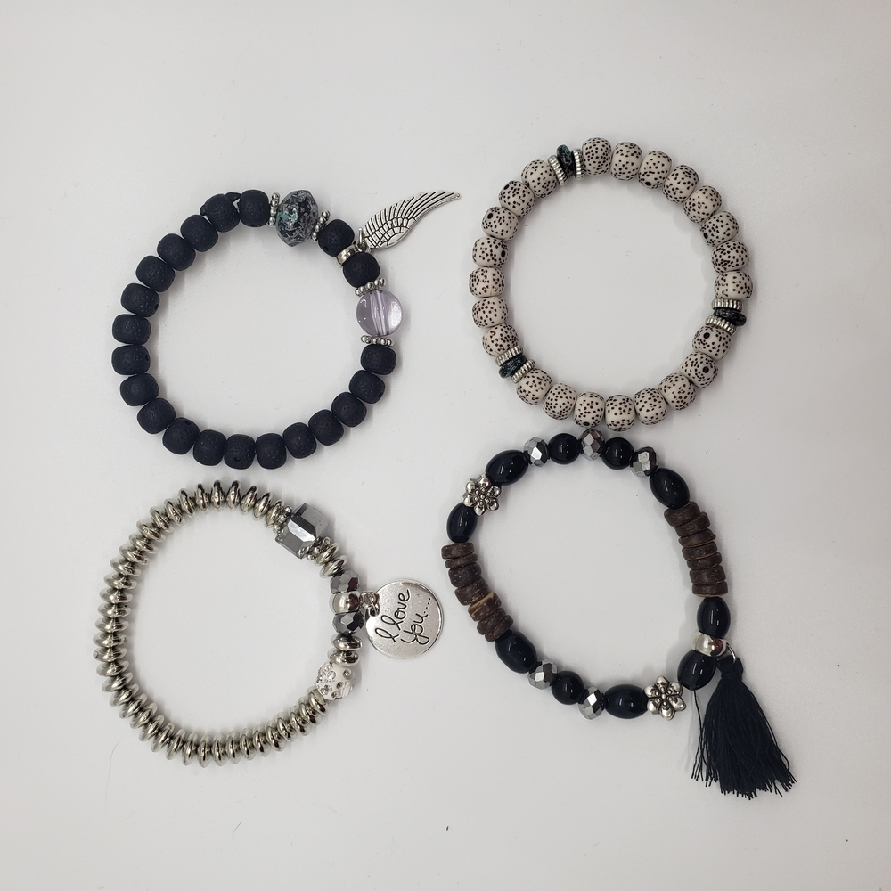 Beaded Bracelet Set Tassel Charms 4 Stretch Bracelet Set Black - Picture 7 of 11